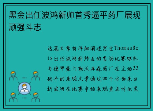 黑金出任波鸿新帅首秀逼平药厂展现顽强斗志