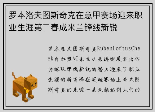 罗本洛夫图斯奇克在意甲赛场迎来职业生涯第二春成米兰锋线新锐