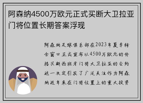 阿森纳4500万欧元正式买断大卫拉亚门将位置长期答案浮现