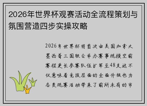 2026年世界杯观赛活动全流程策划与氛围营造四步实操攻略